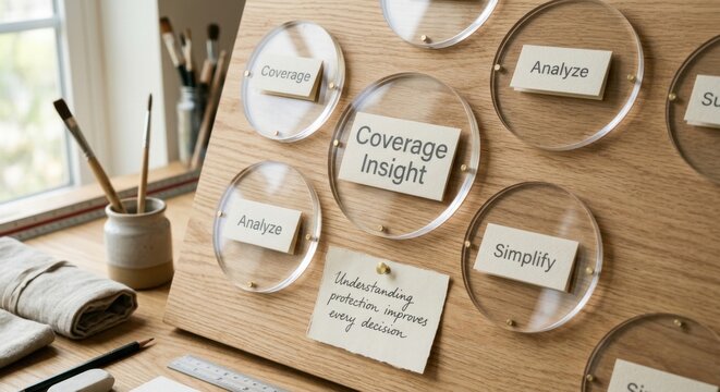 Business strategy board with acrylic circles and text elements for insight and analysis