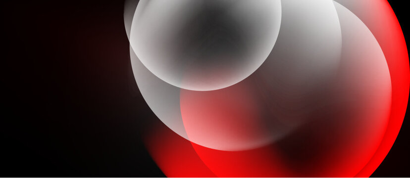 Abstract composition featuring overlapping circles. Red, white, gray hues dominate dark background. Minimalist design, smooth gradients present.
