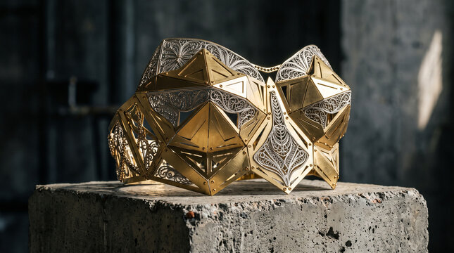 Geometric crown featuring intricate metalwork and angular golden structures rests upon a rugged concrete block in an industrial setting.
