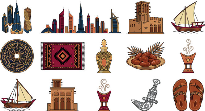 Dubai and UAE Culture Vector Icon Set Featuring Skyline Modern Architecture Traditional Dhow Boat Arabic Carpet Dates Incense Burner and Heritage Symbols