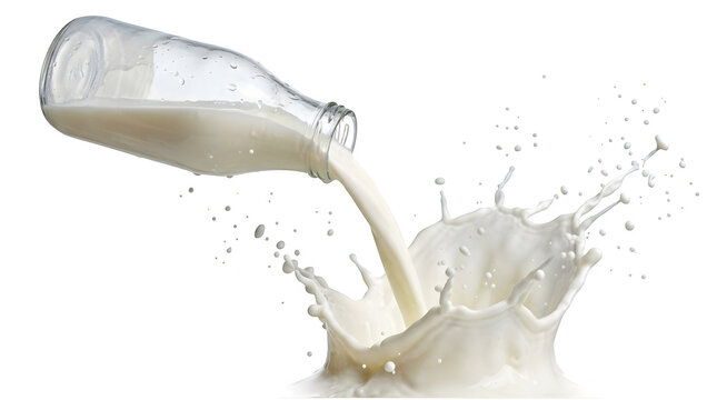 Fresh white milk pouring from a glass bottle creating a splash isolated on transparent background