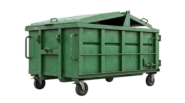 Large green metal industrial waste dumpster bin isolated on transparent background