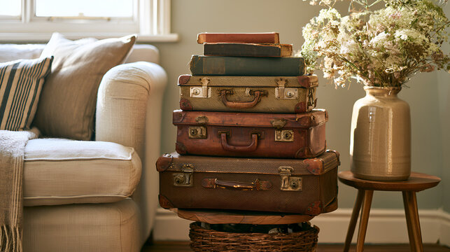 Vintage Suitcase Stack Used As A Decorative Side Table In A Family Home