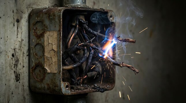 Exposed electrical wires sparking inside a damaged metal junction box mounted on a concrete wall with smoke while shorting out inside weathered