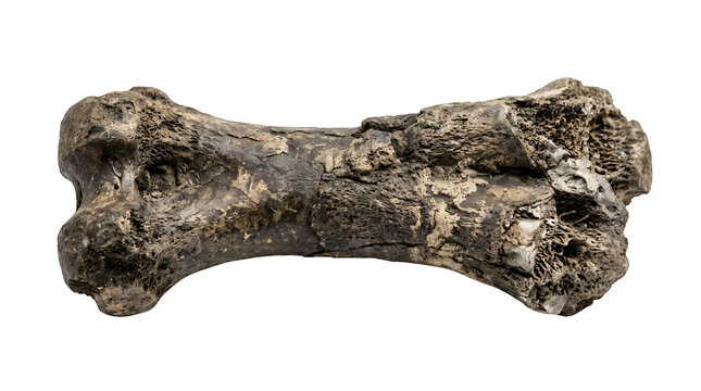 Ancient fossilized animal bone fragment showing detailed texture isolated on transparent background