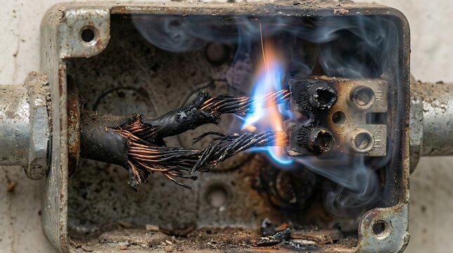 Burning electrical wires sparking inside a damaged metal junction box due to a short circuit with exposed copper electrical infrastructure installation