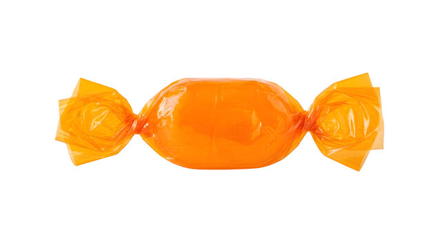 A single orange hard candy wrapped in shiny plastic isolated on transparent background