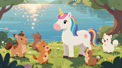 Fototapeta premium A whimsical scene featuring a charming unicorn amid cute woodland animals by a sparkling lake. This colorful illustration embodies joy and friendship in nature.