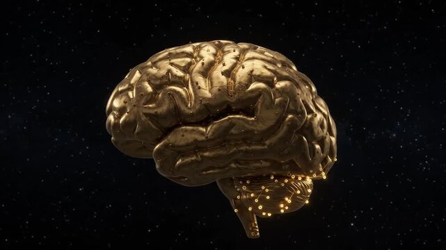 Golden human brain with glowing neural network synapses