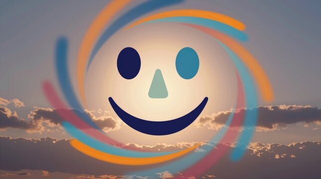 A vibrant abstract illustration featuring a smiling face against a stunning sunset sky. The swirling colors create a joyful and uplifting atmosphere.