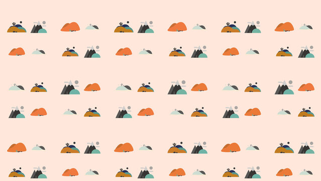 Stylized desert landscape pattern with mountains and cacti
