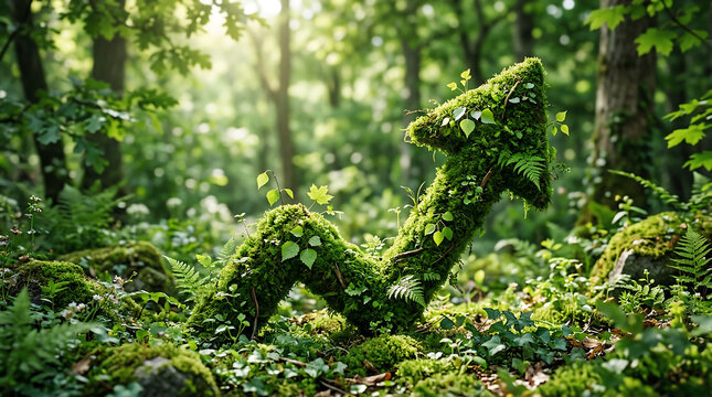Mosscovered arrow graph shape growing in a lush, vibrant green forest, symbolizing sustainable growth and nature