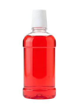 Isolated product shot of a red mouthwash bottle against a clear transparent background