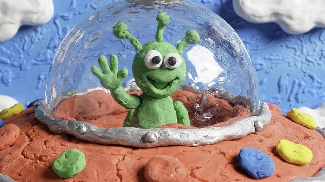 Claymation Alien Waving in Flying Saucer UFO Spaceship Stop Motion Animation