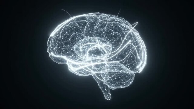 Wireframe 3D human brain with glowing digital nodes and data mesh