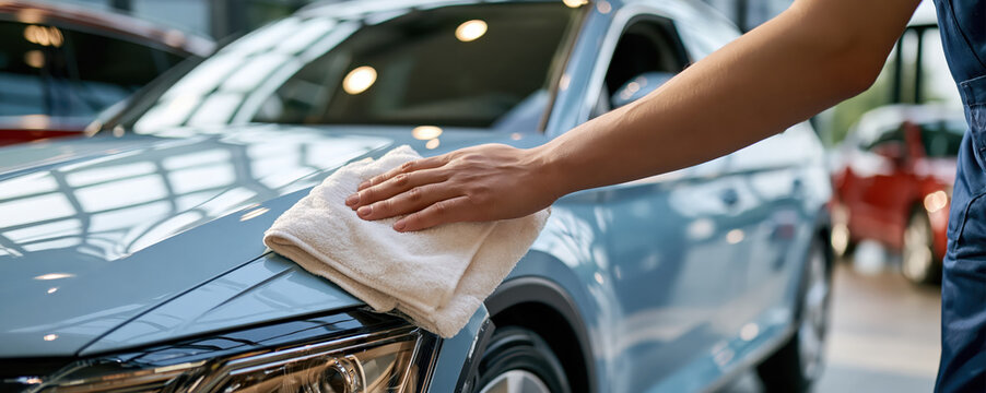 Car care worker polishing blue vehicle hood with microfiber cloth inside bright automotive service center