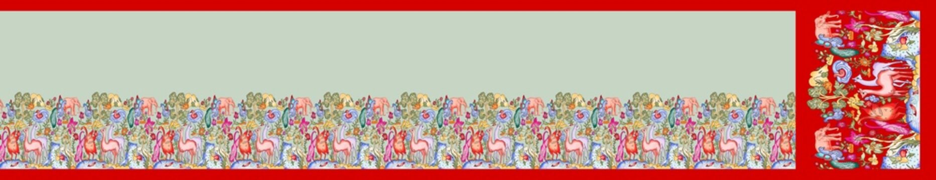 Traditional Shikargah Saree Design with Pastel Sage Green Body, Forest Wildlife Border, and Crimson Red Pallu