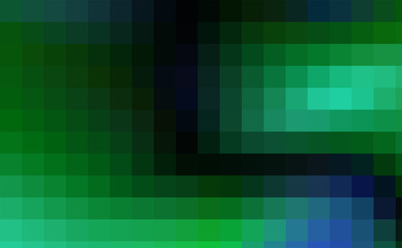 Abstract green and blue pixelated mosaic pattern with a digital gradient texture and geometric block shapes