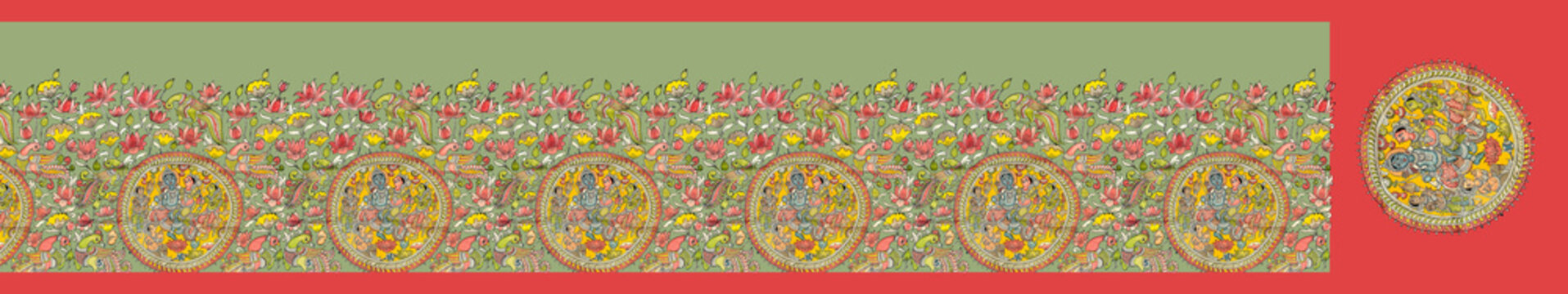 Traditional Indian Saree Design with Raas Leela Gopi Border, Sanskrit Shloka Pattern, and Red Pichwai Pallu