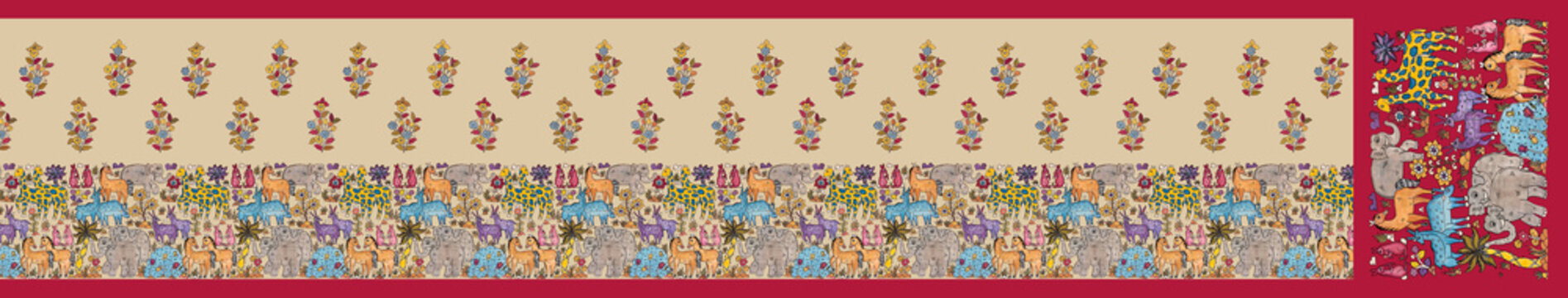 Traditional Indian Shikargah Saree Design with Wildlife Animals, Floral Buta Body, and Royal Red Pallu