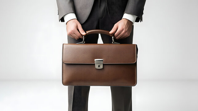 Businessman manager holding brown leather briefcase close up view hands