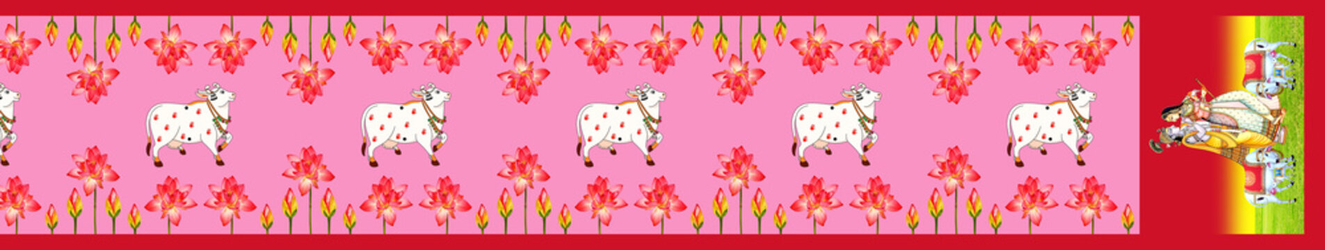 Traditional Indian Pichwai Saree Design with Holy Kamadhenu Cows, Lotus Borders, and Krishna Pallu