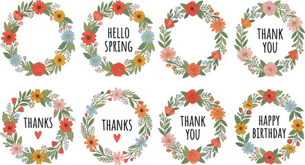Beautiful floral wreath frames set with hello spring thank you and happy birthday text greetings vector illustration © anita