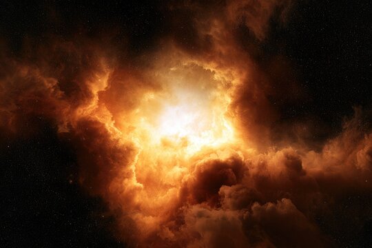 A fiery cosmic explosion illuminates surrounding dark space with bright, glowing clouds and scattered stars, creating a dramatic interstellar scene.