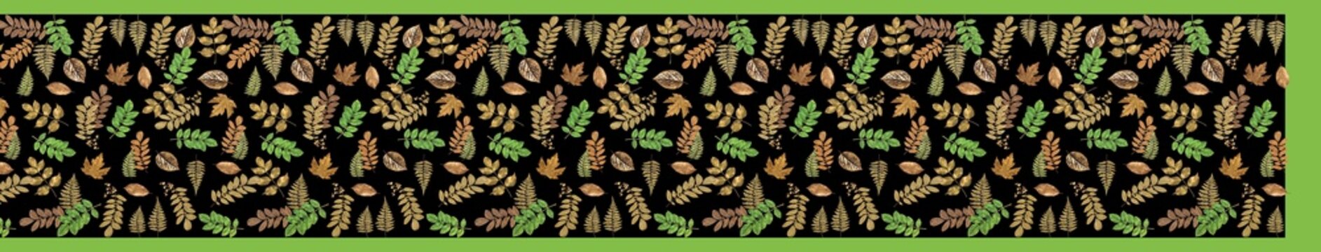 Botanical Eco-Print Saree Design with Autumn Foliage Leaves Pattern on Black Background and Green Border