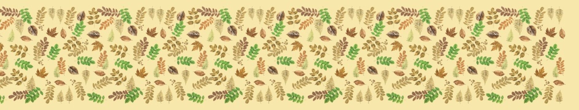 Botanical Eco-Print Saree Design with Scattered Autumn Foliage Leaves on Cream Beige Background
