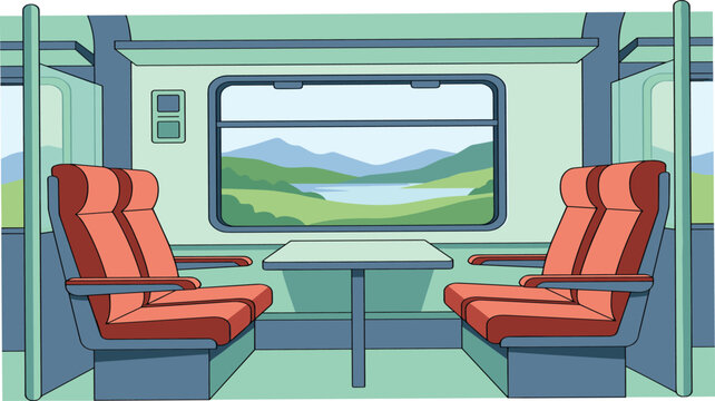 AncieEmpty train cabin interior vector illustration with comfortable red passenger seats table window view of beautiful mountain landscape scenerynt aztec