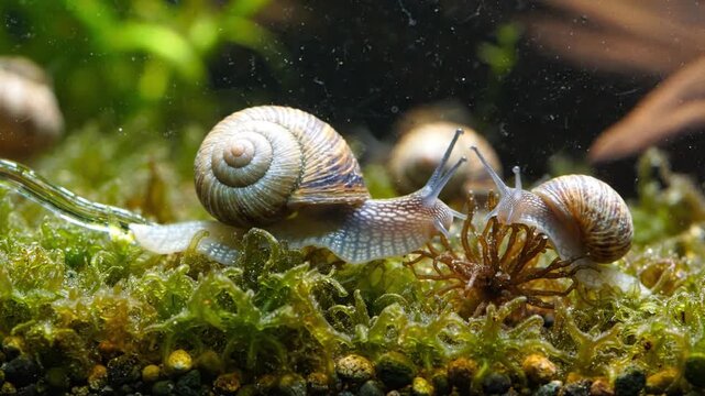Close-up of snails with spiral shells moving slowly on mossy ground in macro photography