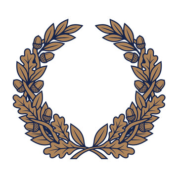 Bronze laurel and oak wreath icon with acorns on a white background