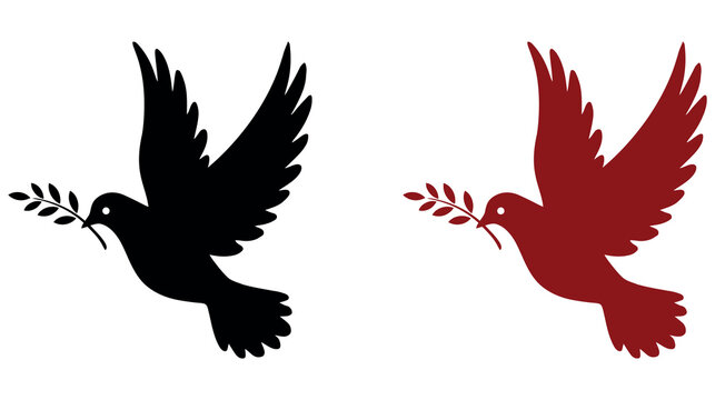 Black and brown dove silhouettes flying carrying olive branch peace symbol vectors isolated.