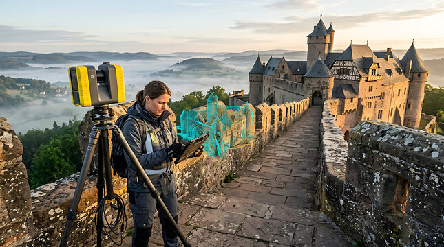 Female Engineer Using 3D Laser Scanner and Tablet to Create Digital Twin of Historic Castle