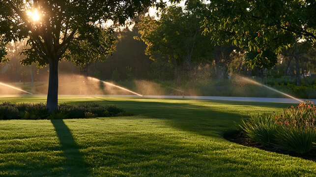 Water-Wise Landscaping Glowing Green With Efficient Irrigation In A Park