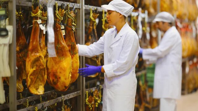 Girl employee checks jamon. Quality control, troubleshooting, search and elimination of violations. Meat processing plant. Hanging meat in production hall. 