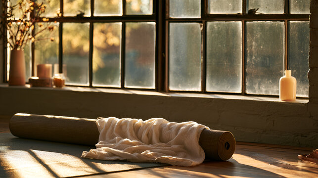 Yoga Mat And Towel Resting Beside A Large Sunlit Studio Window