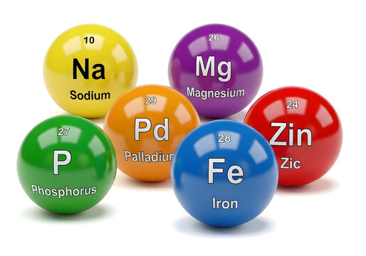 Colorful spheres with element symbols and names isolated on white background