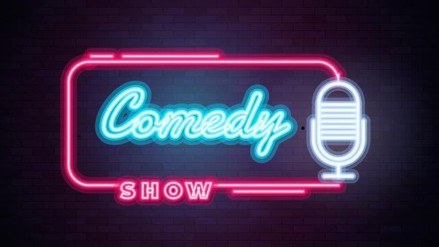 Comedy Show Neon Sign Flickering on Dark Brick Wall Background