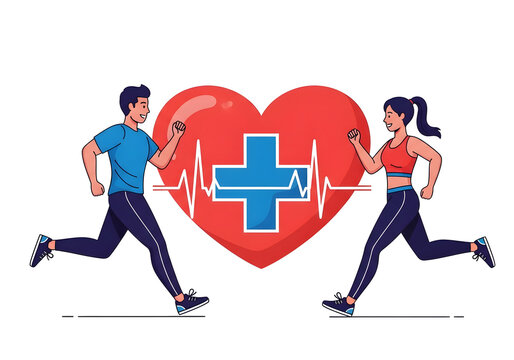 Couple running towards heart with medical cross isolated on white background