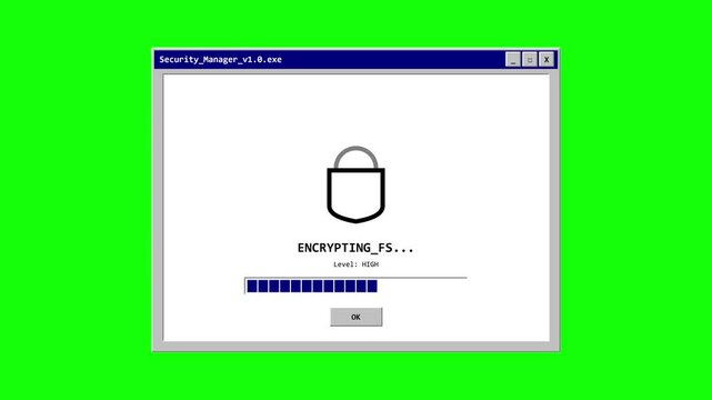 Retro computer security loading window with access verified animation on green screen chroma key.