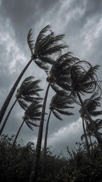 Tall Palm Trees Swaying Against Stormy Gray Sky Creating Intense Atmosphere