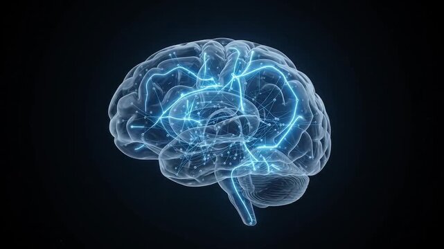 Luminous blue human brain model pulsing against black background