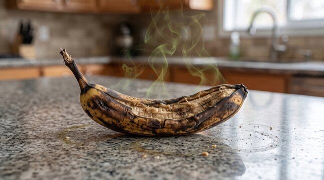 Rotten overripe banana with black peel and green stink smoke, representing spoiled fruit, food waste, decay and expiration concept