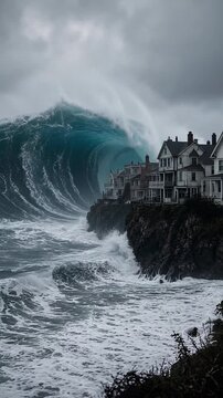 Towering Ocean Wave Threatening Coastal Homes Under Dark Stormy Skies