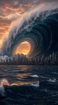 Towering Ocean Wave Crashing Over City Skyline During Vibrant Sunset