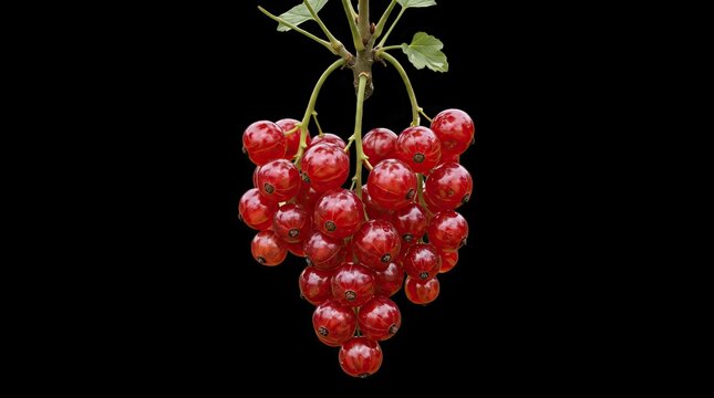 Ripe red currants on a stem with leaves isolated against a dark studio background with soft light