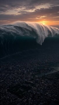 Towering Tsunami Wave Looming Over a Cityscape at Sunset with Dramatic Shadows and Reflections