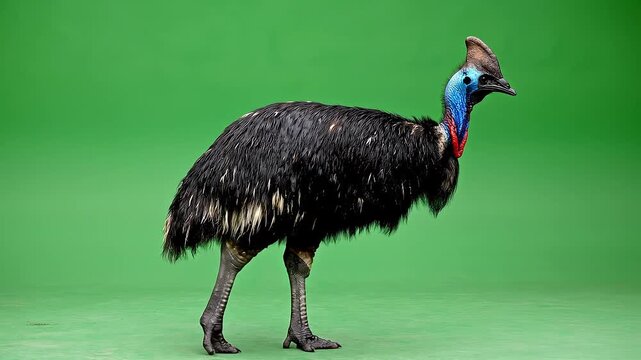 Cassowary bird walking in video studio with green screen background